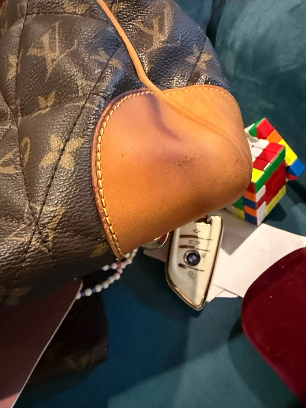 Louis Vuitton Brown Monogram Quilted Satchel with Tan Trim and Gold Hardware